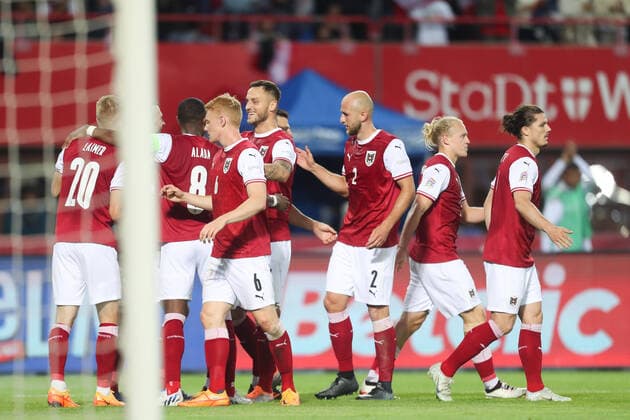 SOCCER - NL, AUT vs FRA VIENNA,AUSTRIA,10.JUN.22 - SOCCER - UEFA Nations League, OEFB international match, Länderspiel, Nationalmannschaft Austria vs France. Image shows the rejoicing of AUT  GEPAxpictures xGEPAxpictures xPhilippxBrem