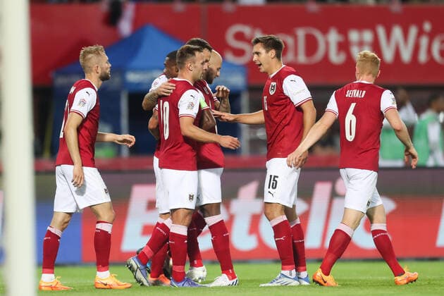 SOCCER - NL, AUT vs FRA VIENNA,AUSTRIA,10.JUN.22 - SOCCER - UEFA Nations League, OEFB international match, Länderspiel, Nationalmannschaft Austria vs France. Image shows the rejoicing of AUT  GEPAxpictures xGEPAxpictures xPhilippxBrem