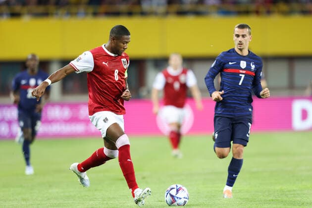 SOCCER - NL, AUT vs FRA VIENNA,AUSTRIA,10.JUN.22 - SOCCER - UEFA Nations League, OEFB international match, Länderspiel, Nationalmannschaft Austria vs France. Image shows David Alaba (AUT) and Antoine Griezmann (FRA)  GEPAxpictures xGEPAxpictures xArminxRauthner