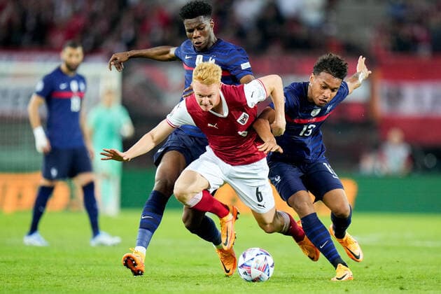 SOCCER - NL, AUT vs FRA VIENNA,AUSTRIA,10.JUN.22 - SOCCER - UEFA Nations League, OEFB international match, Länderspiel, Nationalmannschaft Austria vs France. Image shows Kingsley Coman (FRA), Nicolas Seiwald (AUT) and Boubacar Kamara (FRA).  GEPAxpictures xGEPAxpictures xEdgarxEisner