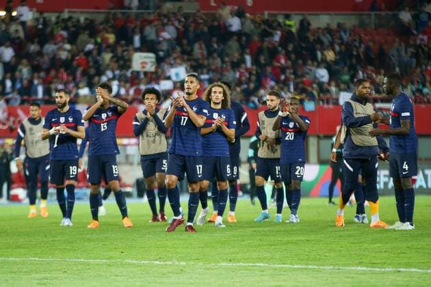 SOCCER - NL, AUT vs FRA VIENNA,AUSTRIA,10.JUN.22 - SOCCER - UEFA Nations League, OEFB international match, Länderspiel, Nationalmannschaft Austria vs France. Image shows the rejoicing of France.  GEPAxpictures xPhilippxBrem