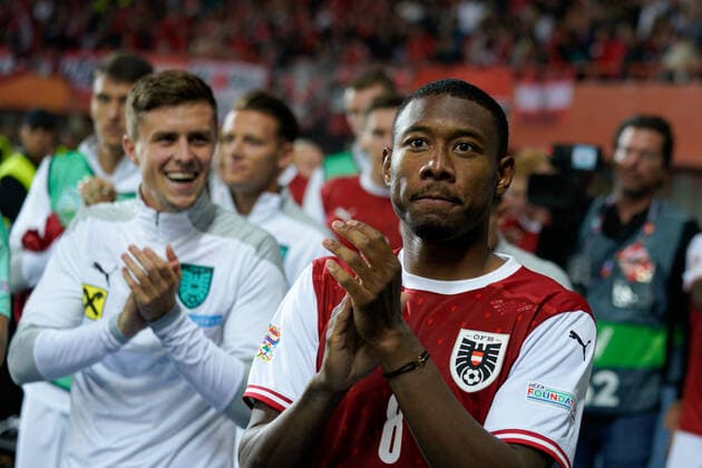 SOCCER - NL, AUT vs FRA VIENNA,AUSTRIA,10.JUN.22 - SOCCER - UEFA Nations League, OEFB international match, Länderspiel, Nationalmannschaft Austria vs France. Image shows the rejoicing of Christoph Baumgartner, David Alaba (AUT) and the team of AUT.  GEPAxpictures xJohannesxFriedl