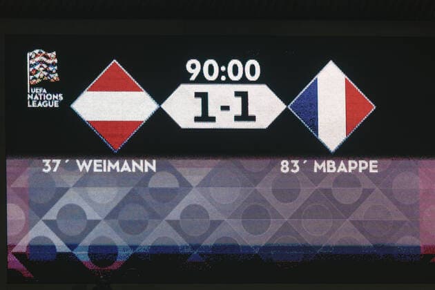 SOCCER - NL, AUT vs FRA VIENNA,AUSTRIA,10.JUN.22 - SOCCER - UEFA Nations League, OEFB international match, Länderspiel, Nationalmannschaft Austria vs France. Image shows the final scoreboard.  GEPAxpictures xArminxRauthner