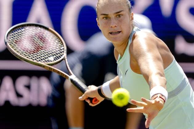 ROSMALEN - Tennis star Aryna Sabalenka (Belarus) in action during the match against Shelby Rogers (not in photo, United States) at the international tennis tournament Libema Open. The combined Dutch tennis tournament for men and women will be held on the grass courts of Autotron for twelve days. ANP SANDER KING xVIxANPxSportx xxANPxIVx