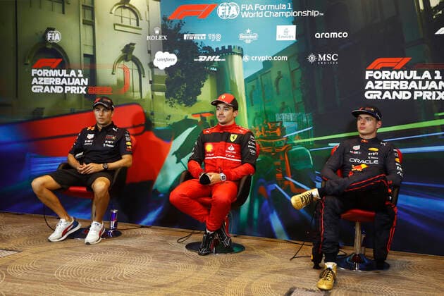 11 Sergio Perez (MEX, Oracle Red Bull Racing), 16 Charles Leclerc (MCO, Scuderia Ferrari), 1 Max Verstappen (NLD, Oracle Red Bull Racing), F1 Grand Prix of Azerbaijan at Baku City Circuit on June 11, 2022 in Baku, Azerbaijan. (Photo by Carl Bingham Motorsport Images DPPI via HOCH ZWEI) Baku Azerbaijan