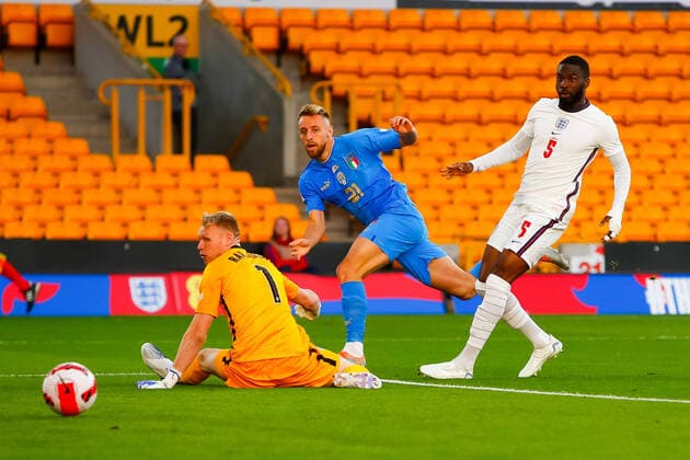 11th June 2022; Molineux Stadium, Wolverhampton, West Midlands, England; UEFA Nations League Football, England versus Italy; Aaron Ramsdale of England watches an early shot from Davide Frattesi of Italy go wide of the goal  ActionPlus12398862 GrahamxWilson