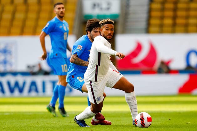 11th June 2022; Molineux Stadium, Wolverhampton, West Midlands, England; UEFA Nations League Football, England versus Italy; Reece James of England looks to get away from Sandro Tonali of Italy  ActionPlus12398943 GrahamxWilson