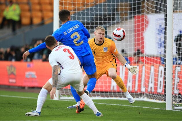 Football - UEFA Nations League - League A (Group 3) - England v Italy 11th June 2022 - UEFA Nations League - League A (Group 3) - England v Italy - England goalkeeper Aaron Ramsdale in action - Photo: Simon Stacpoole Offside. Wolverhampton UK Copyright: xSimonxStacpoolexOffside