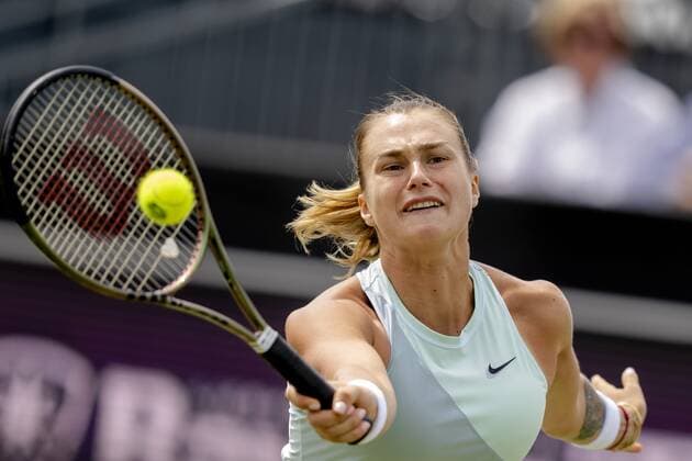 ROSMALEN - Tennis player Aryna Sabalenka (Belarus) in action against Ekaterina Alexandrova (not in photo, Russia) during the final of the international tennis tournament Libema Open. The combined Dutch tennis tournament for men and women will be held on the grass courts of Autotron for twelve days. ANP SANDER KING xVIxANPxSportx xxANPxIVx