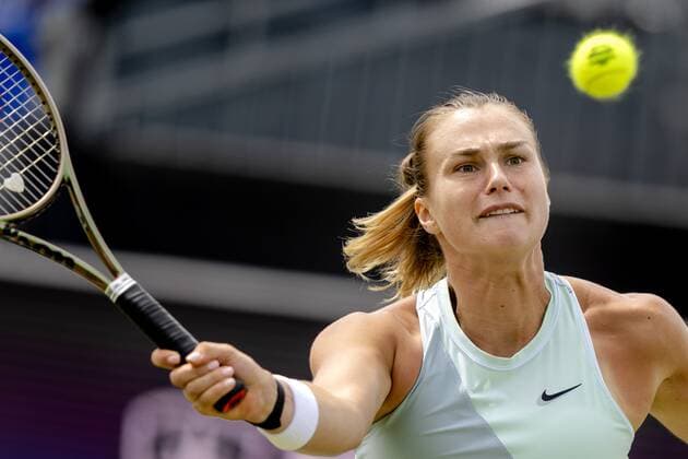 ROSMALEN - Tennis player Aryna Sabalenka (Belarus) in action against Ekaterina Alexandrova (not in photo, Russia) during the final of the international tennis tournament Libema Open. The combined Dutch tennis tournament for men and women will be held on the grass courts of Autotron for twelve days. ANP SANDER KING xVIxANPxSportx xxANPxIVx