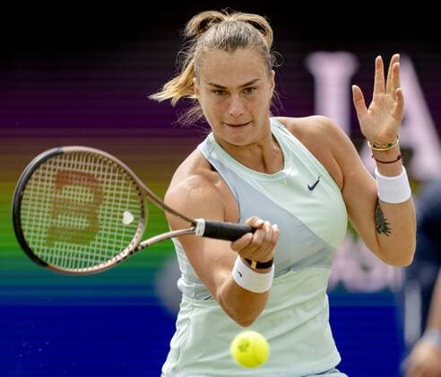 ROSMALEN - Tennis player Aryna Sabalenka (Belarus) in action against Ekaterina Alexandrova (not in photo, Russia) during the final of the international tennis tournament Libema Open. The combined Dutch tennis tournament for men and women will be held on the grass courts of Autotron for twelve days. ANP SANDER KING xVIxANPxSportx xxANPxIVx