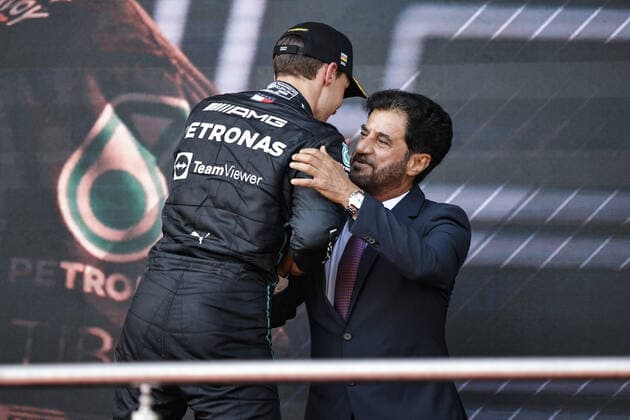 RUSSELL George (gbr), Mercedes AMG F1 Team W13, portrait BEN SULAYEM Mohammed (uae), President of the FIA, portrait podium during the Formula 1 Azerbaijan Grand Prix 2022, 8th round of the 2022 FIA Formula One World Championship, WM, Weltmeisterschaft on the Baku City Circuit, from June 10 to 12, 2022 in Baku, Azerbaijan - F1 - AZERBAIJAN GRAND PRIX 2022 - RACE DPPI Panoramic 00122021__R5_0241
