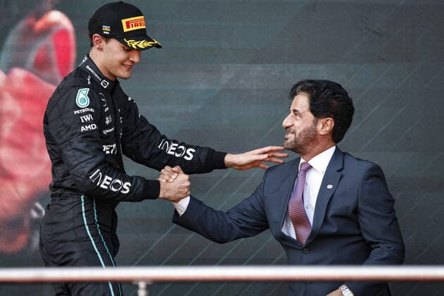 RUSSELL George (gbr), Mercedes AMG F1 Team W13, portrait BEN SULAYEM Mohammed (uae), President of the FIA, portrait podium during the Formula 1 Azerbaijan Grand Prix 2022, 8th round of the 2022 FIA Formula One World Championship, WM, Weltmeisterschaft on the Baku City Circuit, from June 10 to 12, 2022 in Baku, Azerbaijan - F1 - AZERBAIJAN GRAND PRIX 2022 - RACE DPPI Panoramic 00122021__R5_0250