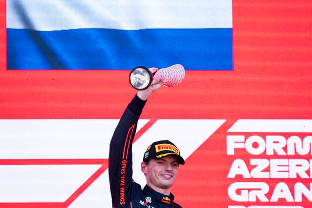 June 12, 2022, Baku, Azerbaijan: MAX VERSTAPPEN of the Netherlands and Red Bull Racing on the podium after winning the 2022 FIA Formula 1 Azerbaijan Grand Prix at Baku City Circuit in Baku, Azerbaijan. Baku Azerbaijan - ZUMAg147 20220612_zap_g147_006 Copyright: xJamesxGasperottix
