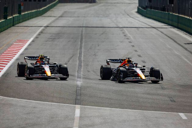 11 Sergio Perez (MEX, Oracle Red Bull Racing), 1 Max Verstappen (NLD, Oracle Red Bull Racing), F1 Grand Prix of Azerbaijan at Baku City Circuit on June 12, 2022 in Baku, Azerbaijan. (Photo by HOCH ZWEI) Baku Azerbaijan