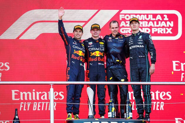 11 Sergio Perez (MEX, Oracle Red Bull Racing), 1 Max Verstappen (NLD, Oracle Red Bull Racing), 63 George Russell (GBR, Mercedes-AMG Petronas F1 Team), F1 Grand Prix of Azerbaijan at Baku City Circuit on June 12, 2022 in Baku, Azerbaijan. (Photo by HOCH ZWEI) Baku Azerbaijan