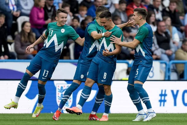 Mandatory Credit: Photo by Robbie Stephenson JMP Shutterstock (12984619x) Slovenia U21, U 21 celebrate their opening goal England U21 v Slovenia U21, UK - 13 Jun 2022 Editorial use only England U21 v Slovenia U21, UK - 13 Jun 2022 Editorial use only  Copyright: xRobbiexStephenson JMP Shutterstockx 12984619x