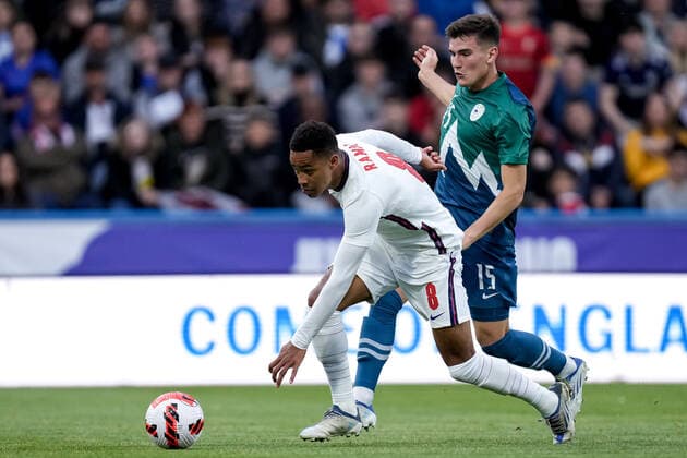 Mandatory Credit: Photo by Robbie Stephenson JMP Shutterstock (12984619ak) Jacob Ramsey of England takes on Mark Spanring of Slovenia England U21, U 21 v Slovenia U21, UK - 13 Jun 2022 Editorial use only England U21 v Slovenia U21, UK - 13 Jun 2022 Editorial use only  Copyright: xRobbiexStephenson JMP Shutterstockx 12984619ak