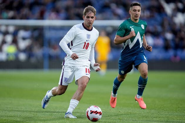 Mandatory Credit: Photo by Robbie Stephenson JMP Shutterstock (12984619au) Emile Smith Rowe of England England U21, U 21 v Slovenia U21, UK - 13 Jun 2022 Editorial use only England U21 v Slovenia U21, UK - 13 Jun 2022 Editorial use only  Copyright: xRobbiexStephenson JMP Shutterstockx 12984619au