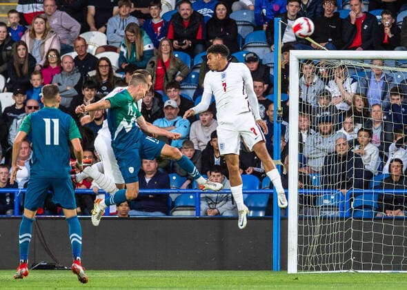 England Under 21 v Slovenia Under 21 2023 UEFA European U21, U 21 Championship Mark Zabukovnik of Slovenia u21 (2nd from left) heads his sides second goal during the 2023 UEFA European U21 Championship match at the John Smiths Stadium, Huddersfield Content Not Available For UK Newspapers Copyright: xMattxWilkinsonx FIL-17018-0032 UK Newspapers OUT