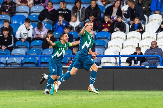England Under 21 v Slovenia Under 21 2023 UEFA European U21, U 21 Championship Mark Zabukovnik of Slovenia u21 (centre) celebrates after scoring his sides second goal during the 2023 UEFA European U21 Championship match at the John Smiths Stadium, Huddersfield Content Not Available For UK Newspapers Copyright: xMattxWilkinsonx FIL-17018-0035 UK Newspapers OUT
