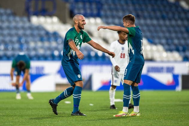 England Under 21 v Slovenia Under 21 2023 UEFA European U21, U 21 Championship Amir Feratovic of Slovenia u21 celebrates his sides victory with Mitja Ilencic (right) during the 2023 UEFA European U21 Championship match at the John Smiths Stadium, Huddersfield Content Not Available For UK Newspapers Copyright: xMattxWilkinsonx FIL-17018-0046 UK Newspapers OUT