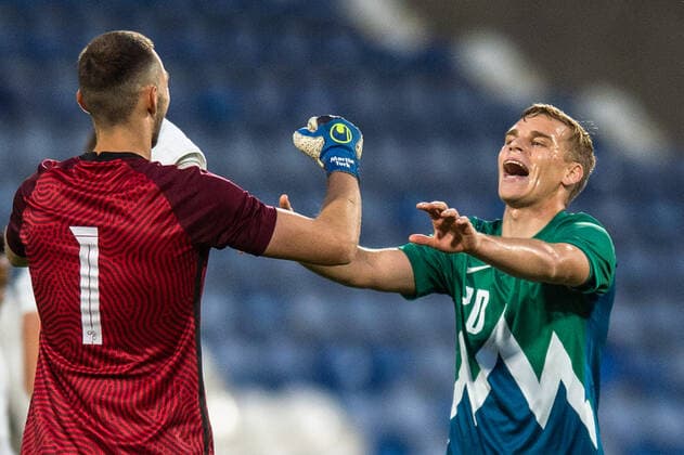England Under 21 v Slovenia Under 21 2023 UEFA European U21, U 21 Championship Aljaz Antolin of Slovenia u21 (right) celebrates his sides victory with Martin Turk of Slovenia u21 (left) during the 2023 UEFA European U21 Championship match at the John Smiths Stadium, Huddersfield Content Not Available For UK Newspapers Copyright: xMattxWilkinsonx FIL-17018-0048 UK Newspapers OUT