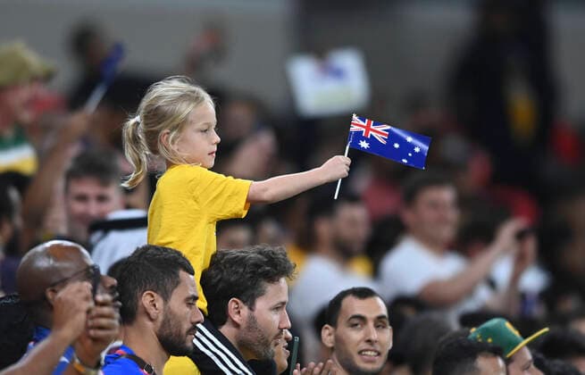 (220614) -- DOHA, June 14, 2022 -- Australia s fans celebrate after winning the FIFA World Cup, WM, Weltmeisterschaft, Fussball 2022 intercontinental play-offs match between Australia and Peru at the Ahmed bin Ali Stadium, Doha, Qatar, June 13, 2022. (Photo by Xinhua) (SP)QATAR-DOHA-FOOTBALL-FIFA-WORLD CUP-QUALIFIER Nikku 