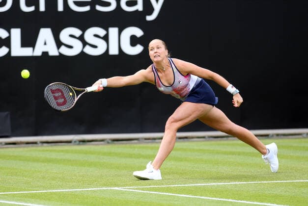 14th June 2022; Edgbaston Priory Club, Edgbaston, Birmingham, United Kingdom; Birmingham Classic Lawn Tennis tournament; Shelby Rogers (USA) stretches for a wide ball in her match against Sorana Cirstea (ROU)  ActionPlus12399849 RogerxEvans