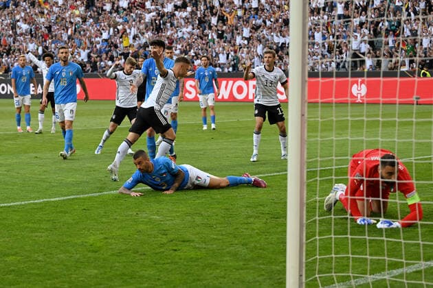 Moenchengladbach, Borussia Park, 14.06.22, GER, Herren, UEFA Nations League, Saison 2022-2023, Deutschland - Italien Bild: Joshua Kimmich (Deutschland) macht das Tor zum 1:0 und jubelt Nur fuer journalistische Zwecke! Only for editorial use! Nordrhein-Westfalen Deutschland