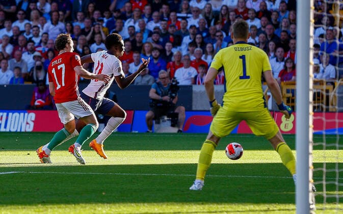 England v Hungary UEFA Nations League Bukayo Saka of England tries to get to the byline during the UEFA Nations League match between England and Hungary at Molineux, Wolverhampton Content Not Available For UK Newspapers Copyright: xPaulxChestertonx FIL-17013-0081 UK Newspapers OUT