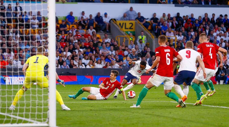 England v Hungary UEFA Nations League Raheem Sterling of England tries to get a shot away during the UEFA Nations League match between England and Hungary at Molineux, Wolverhampton Content Not Available For UK Newspapers Copyright: xPaulxChestertonx FIL-17013-0224 UK Newspapers OUT