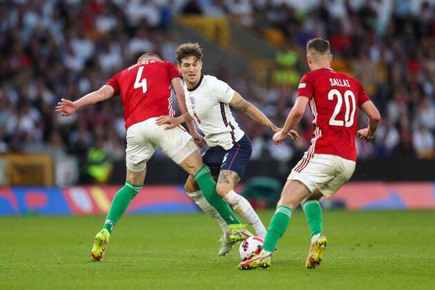 England v Hungary 14 June 2022, Wolverhampton - UEFA Nations League - League A (Group 3) - England v Hungary - Attila Szalai and Roland Sallai of Hungary close down John Stones of England - Photo: Mark Leech Offside. Wolverhampton UK Copyright: xMarkxLeechx xOffsidexOffside