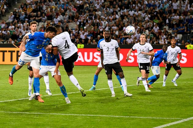 Photo LaPresse - Fabio Ferrari June, 14 2022 M& xf6;nchengladbach, Germany soccer Germany vs Italy - Uefa Nations League - Group C 3 6 - Stadium Stadion im Borussia-Park. In the pic:Alessandro Bastoni (Italy)gol 5-2  Copyright: xFabioxFerrari LaPressex