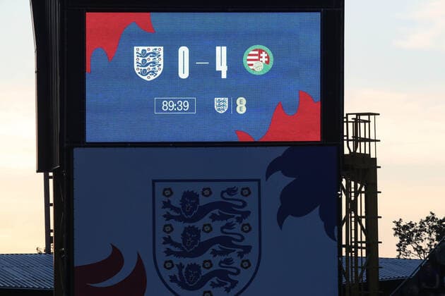 England v Hungary 14 June 2022, Wolverhampton - UEFA Nations League - League A (Group 3) - England v Hungary - The scoreboard shows the final score as 4-0 to Hungary - Photo: Mark Leech Offside. Wolverhampton UK Copyright: xMarkxLeechx xOffsidexOffside