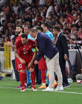 Coach Stefan Kuntz and Hakan Calhanoglu of Turkey during the UEFA Nations League League C Group 1 match between Turkey and Lithuania at Gursel Aksel Stadium in Izmir, Turkey on June 14, 2022. ( Photo by Seskimphoto ) 
