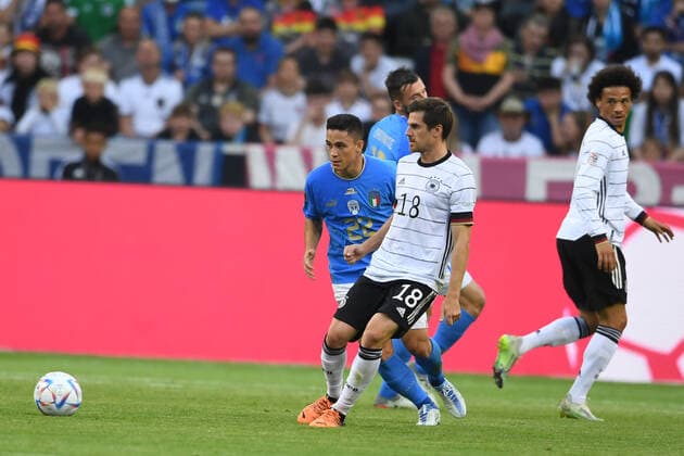 Jonas Hofmann (Germany)Giacomo Raspadori (Italy)Leroy Sane (Germany) during the Uefa Uefa Nations League 2022_2023 match between Germany 5-2 Italy at Borussia-Park Stadium on June 14, 2022 in Monchengladbach, Germany. Noxthirdxpartyxsales  (191163787)