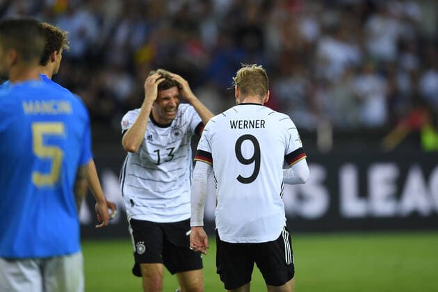 Timo Werner (Germany)Thomas Muller (Germany) celebrates after scoring his team s fifth goal during the Uefa Uefa Nations League 2022_2023 match between Germany 5-2 Italy at Borussia-Park Stadium on June 14, 2022 in Monchengladbach, Germany. Noxthirdxpartyxsales  (191164139)
