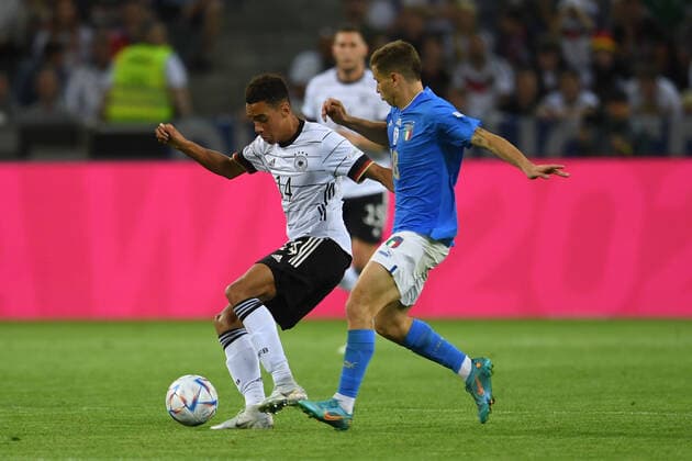 Jamal Musiala (Germany)Nicolo Barella (Italy) during the Uefa Uefa Nations League 2022_2023 match between Germany 5-2 Italy at Borussia-Park Stadium on June 14, 2022 in Monchengladbach, Germany. Noxthirdxpartyxsales  (191164176)