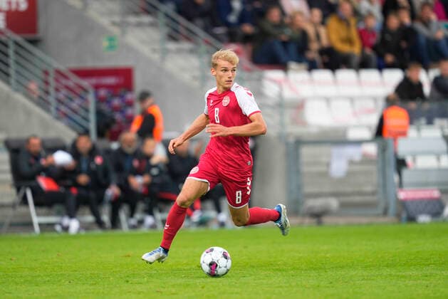 June 14, 2022: Gustav Isaksen of Denmark during Denmark against Turkey, UEFA U21, U 21 EURO Qualfication at Vejle Stadium, Vejle, Denmark. CSM. Vejle Denmark - ZUMAc04_ 20220614_zaf_c04_112 Copyright: xUlrikxPedersenx