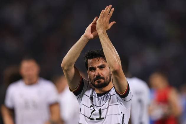 Bologna, Italy, 4th June 2022. Ilkay Gundogan of Germany applauds the fans following the final whistle of the UEFA Nations League match at Stadio Renato Dall Ara, Bologna. Picture credit should read: Jonathan Moscrop Sportimage EDITORIAL USE ONLY. No use with unauthorised audio, video, data, fixture lists, club league logos or live services. Online in-match use limited to 120 images, no video emulation. No use in betting, games or single club league player publications. SPI-1724-0052