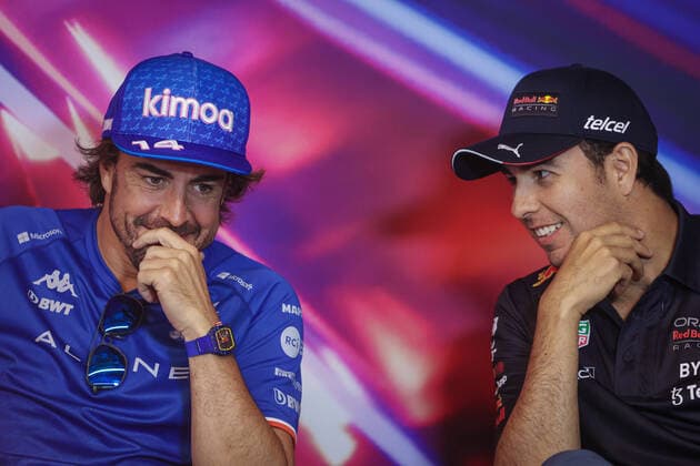 ALONSO Fernando (spa), Alpine F1 Team A522, portrait PEREZ Sergio (mex), Red Bull Racing RB18, portrait press conference, PK, Pressekonferenz during the Formula 1 AWS Grand Prix du Canada 2022, 9th round of the 2022 FIA Formula One World Championship, WM, Weltmeisterschaft on the Circuit Gilles Villeneuve, from June 17 to 19, 2022 in Montreal, Canada - F1 - CANADIAN GRAND PRIX 2022 DPPI Panoramic AV6_4760
