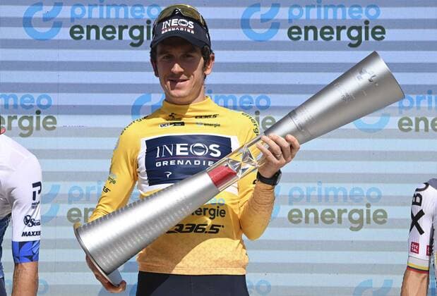 VADUZ, LIECHTENSTEIN - JUNE 19 : Thomas Geraint (GBR) of INEOS Grenadiers pictured during the podium ceremony after stage 8 of the 85th edition of the 2022 Tour de Suisse cycling race, an individual time trial stage of 25,6 kms with start in Vaduz and finish in Vaduz on June 19, 2022 in Vaduz, Liechtenstein, 19 06 2022 ( Motordriver Kenny Verfaillie - Tour de Suisse 2022 - 19 06 2022 PhotoNews Panoramic 