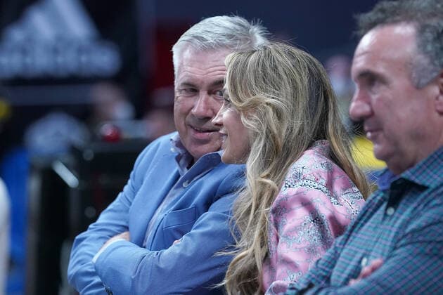 Real Madrid s coach Carlo Ancelotti with his wife Mariann Barrena during Liga Endesa ACB 4th Final match. June 19,2022. (2022061916)