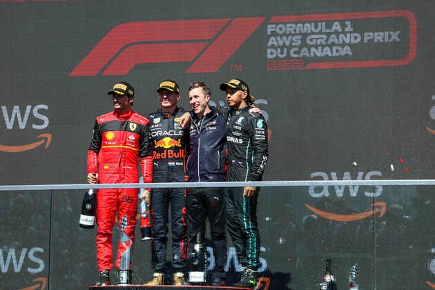 Podium: VERSTAPPEN Max (ned), Red Bull Racing RB18, SAINZ Carlos (spa), Scuderia Ferrari F1-75, HAMILTON Lewis (gbr), Mercedes AMG F1 Team W13, portrait during the Formula 1 AWS Grand Prix du Canada 2022, 9th round of the 2022 FIA Formula One World Championship, WM, Weltmeisterschaft on the Circuit Gilles Villeneuve, from June 17 to 19, 2022 in Montreal, Canada - F1 - CANADIAN GRAND PRIX 2022 - RACE DPPI Panoramic 20220619_G00D4872