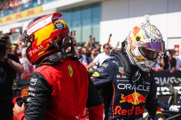 SAINZ Carlos (spa), Scuderia Ferrari F1-75, VERSTAPPEN Max (ned), Red Bull Racing RB18, portrait during the Formula 1 AWS Grand Prix du Canada 2022, 9th round of the 2022 FIA Formula One World Championship, WM, Weltmeisterschaft on the Circuit Gilles Villeneuve, from June 17 to 19, 2022 in Montreal, Canada - F1 - CANADIAN GRAND PRIX 2022 - RACE DPPI Panoramic 00122023_AV6_8892