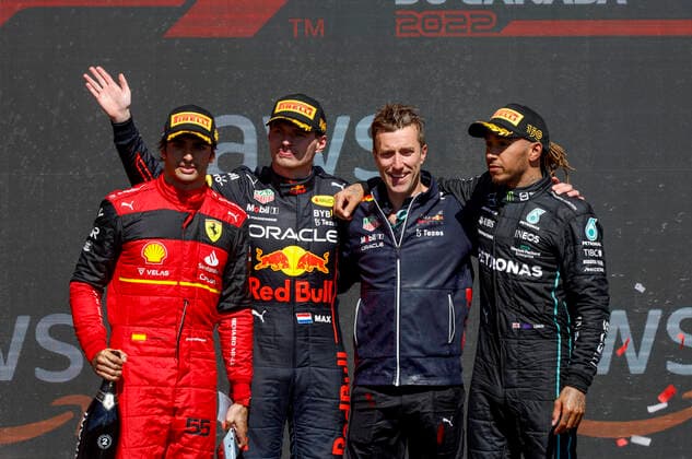 55 Carlos Sainz (ESP, Scuderia Ferrari), 1 Max Verstappen (NLD, Oracle Red Bull Racing), 44 Lewis Hamilton (GBR, Mercedes-AMG Petronas F1 Team), F1 Grand Prix of Canada at Circuit Gilles-Villeneuve on June 19, 2022 in Montreal, Canada. (Photo by HOCH ZWEI) Montreal Canada