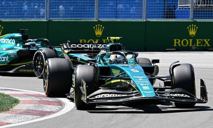 June 19, 2022, MONTREAL, PQ, Canada: Aston Martin Formula 1 team driver Sebastian Vettel of Germany steers ahead of teammate Lance Stroll of Canada during race action, Sunday, June 19, 2022 at the Canadian Grand Prix in Montreal. Sebastian Vettel, Lance Stroll  - ZUMAc35_ 20220619_zaf_c35_073 Copyright: xJacquesxBoissinotx