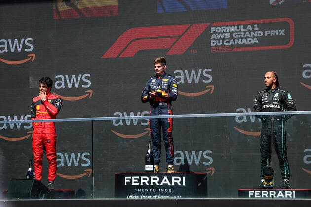 Podium: VERSTAPPEN Max (ned), Red Bull Racing RB18, SAINZ Carlos (spa), Scuderia Ferrari F1-75, HAMILTON Lewis (gbr), Mercedes AMG F1 Team W13, portrait during the Formula 1 AWS Grand Prix du Canada 2022, 9th round of the 2022 FIA Formula One World Championship, WM, Weltmeisterschaft on the Circuit Gilles Villeneuve, from June 17 to 19, 2022 in Montreal, Canada - F1 - CANADIAN GRAND PRIX 2022 - RACE DPPI Panoramic 20220619_G00D4861