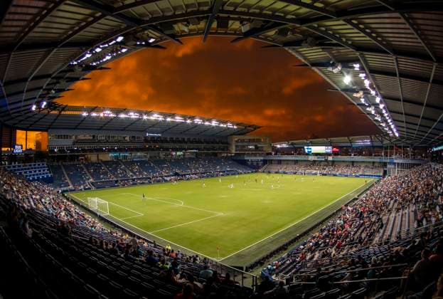KANSAS CITY, KS - JUNE 11: The sun sets on stormy skies during the match between the KC Current and Gotham FC on Saturday, June 11, 2022 at Children™s Mercy Park in Kansas City, KS. (Photo by Nick Tre. Smith Icon Sportswire) SOCCER: JUN 11 NWSL - NJ NY Gotham FC at Kansas City Current Icon2206110022